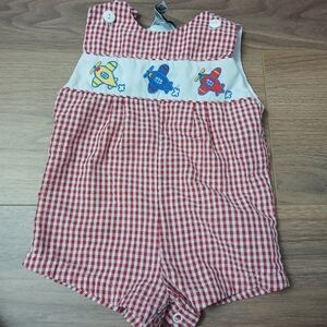 Vintage Red Gingham Baby Romper with Airplane Design
